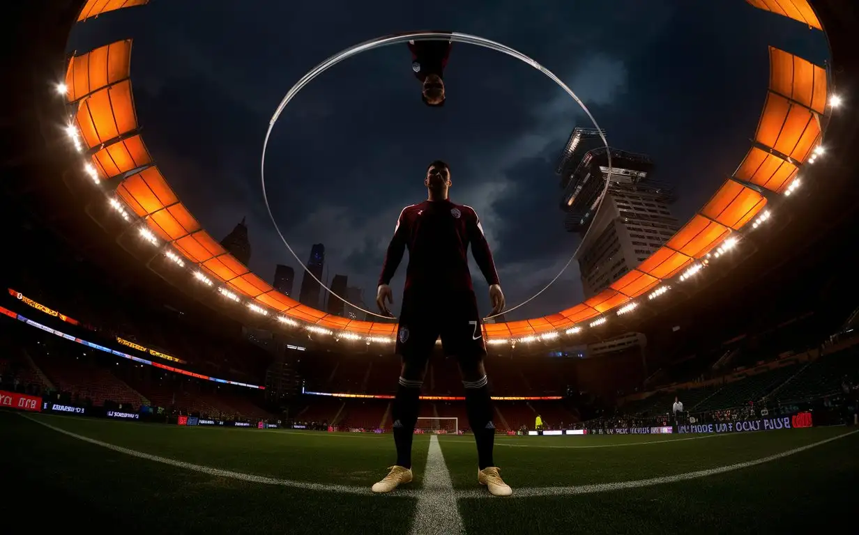 The silhouette of a soccer player emerges from the darkness, the camera flies around him, around the scene orange lights appear