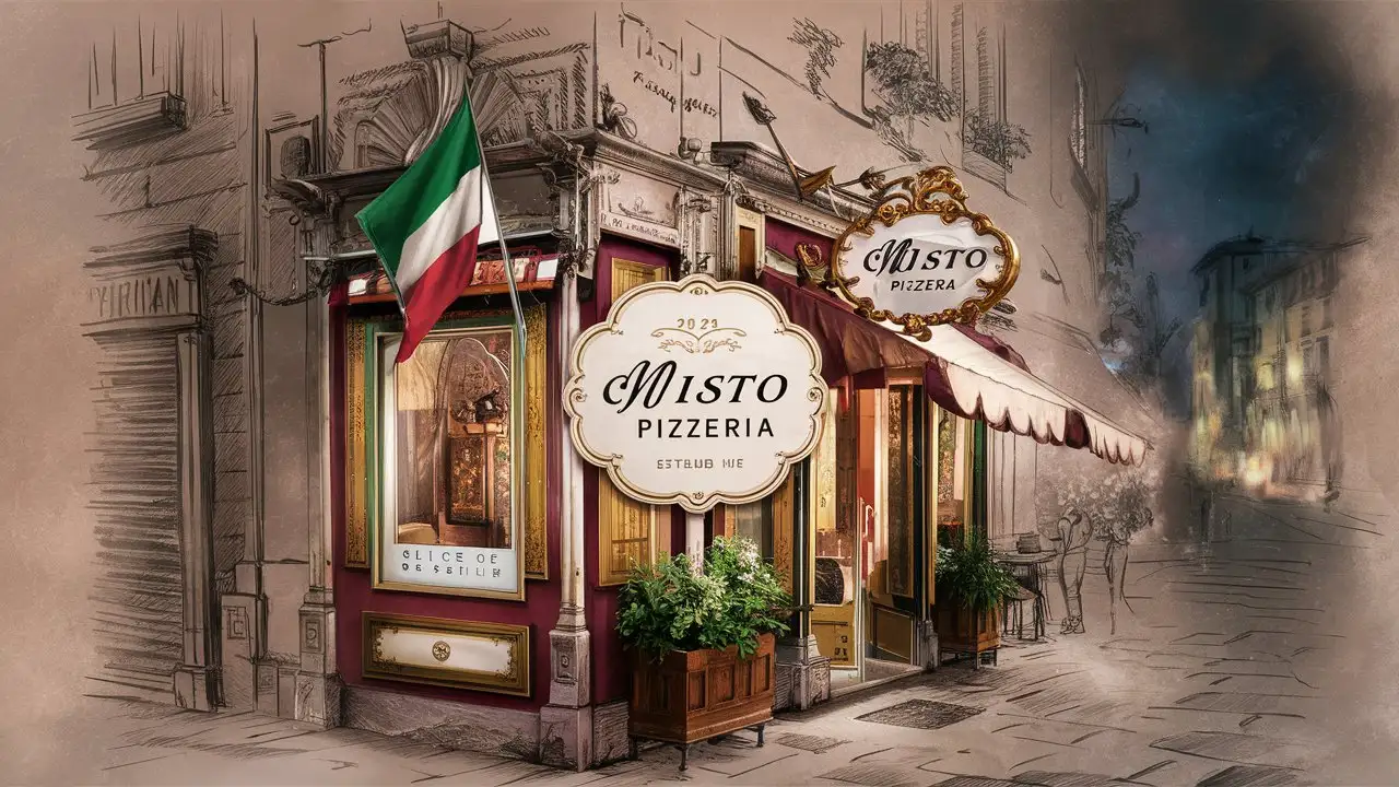 Misto Pizzeria, Edge decoration, Italian colors, Italy flag, Sketched Italian city, EST 2024, Slogan, Slice of Italy, Antique, Luxury, Blurred background, Night