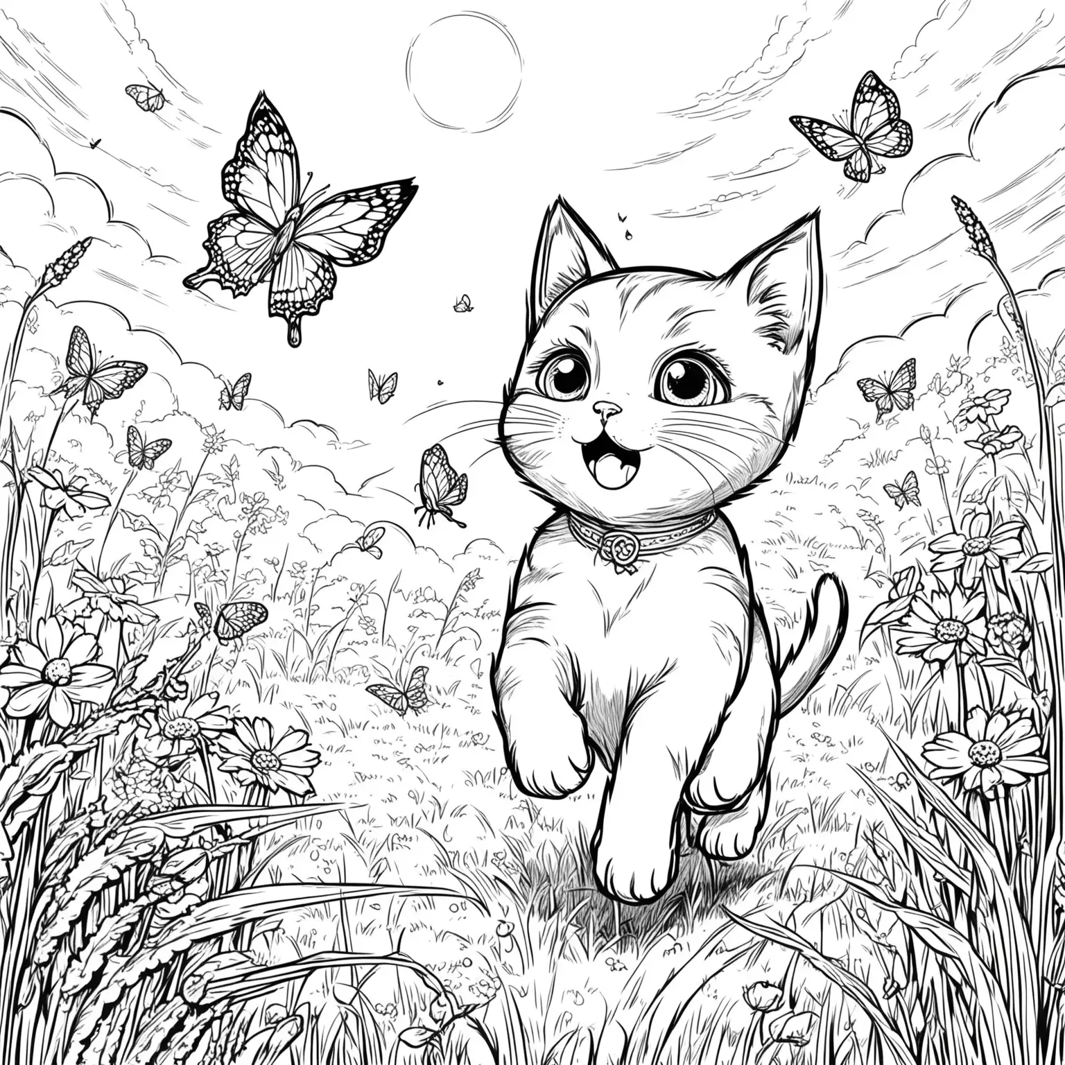 Curious Kitten Chasing Butterfly in Sunny Meadow Cartoon Style Coloring Page for Kids