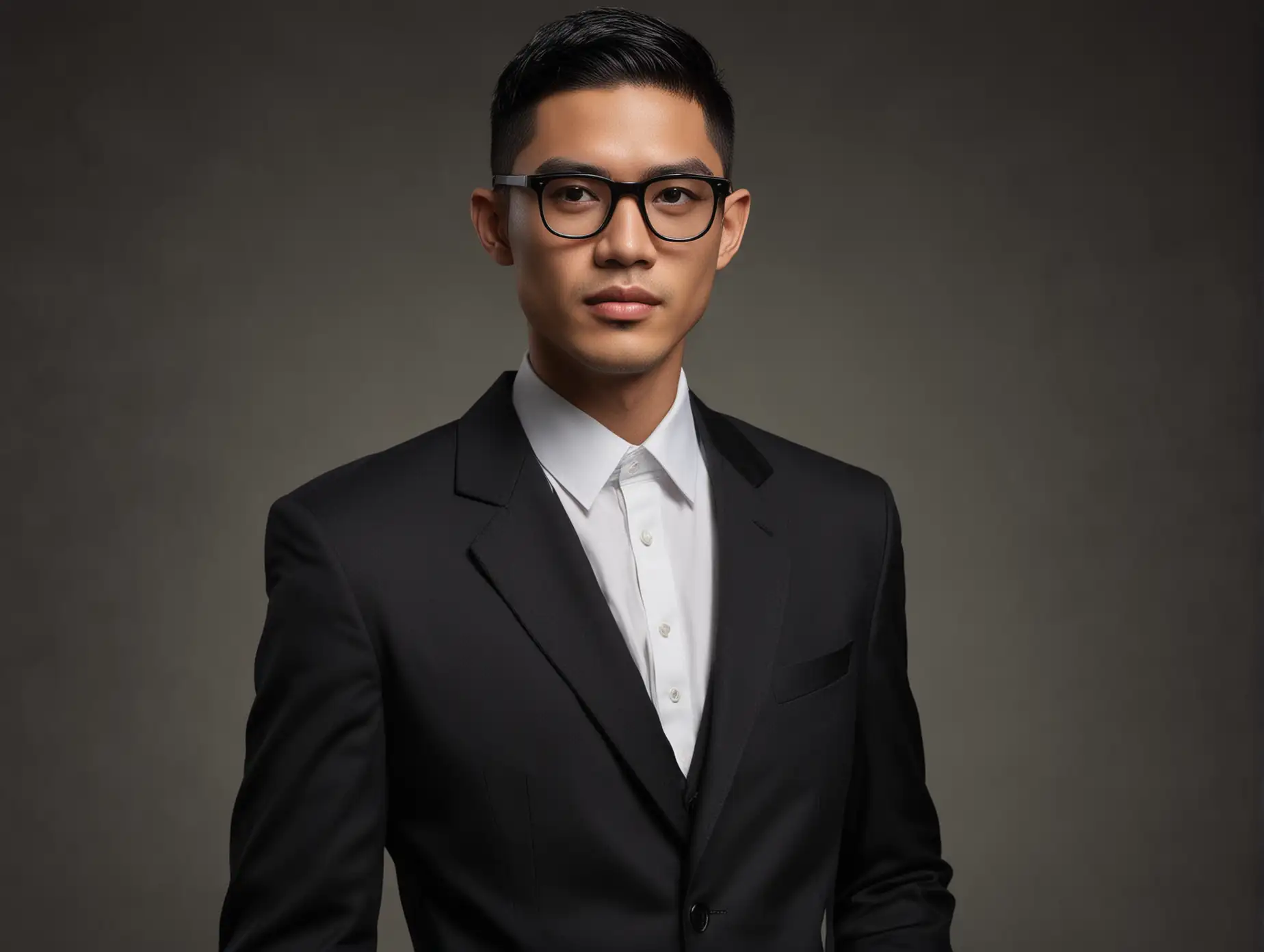 Generate a Southeast Asian man with black, less wavy hair styled in a buzz cut, wearing clear white glasses and a black formal suit. The man is posed in an elegant walking stance for a studio formal portrait. The background should be flat, and the overall style should resemble Annie Leibovitz's photography, known for its dramatic and intimate portrayals. The man should exude confidence and elegance, with a timeless quality that captures the essence of a classic portrait.