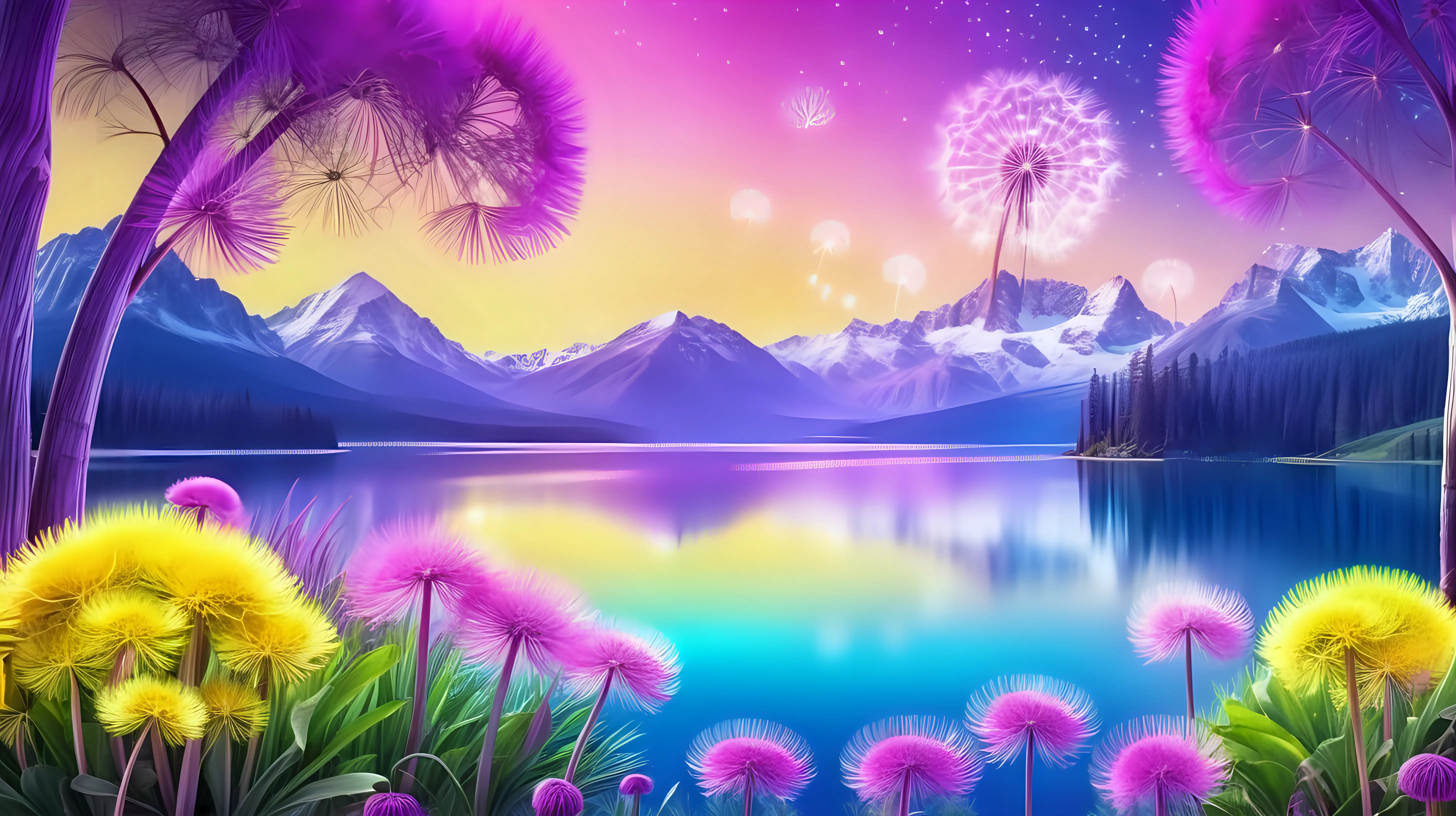 Bright palm leaves and Magical fairytale. Glowing dandelions with pink and Green and Blue. Purple. Bright-yellow. Magical Fairytale trees. bright lake and mountains. bright-yellow dandelions.