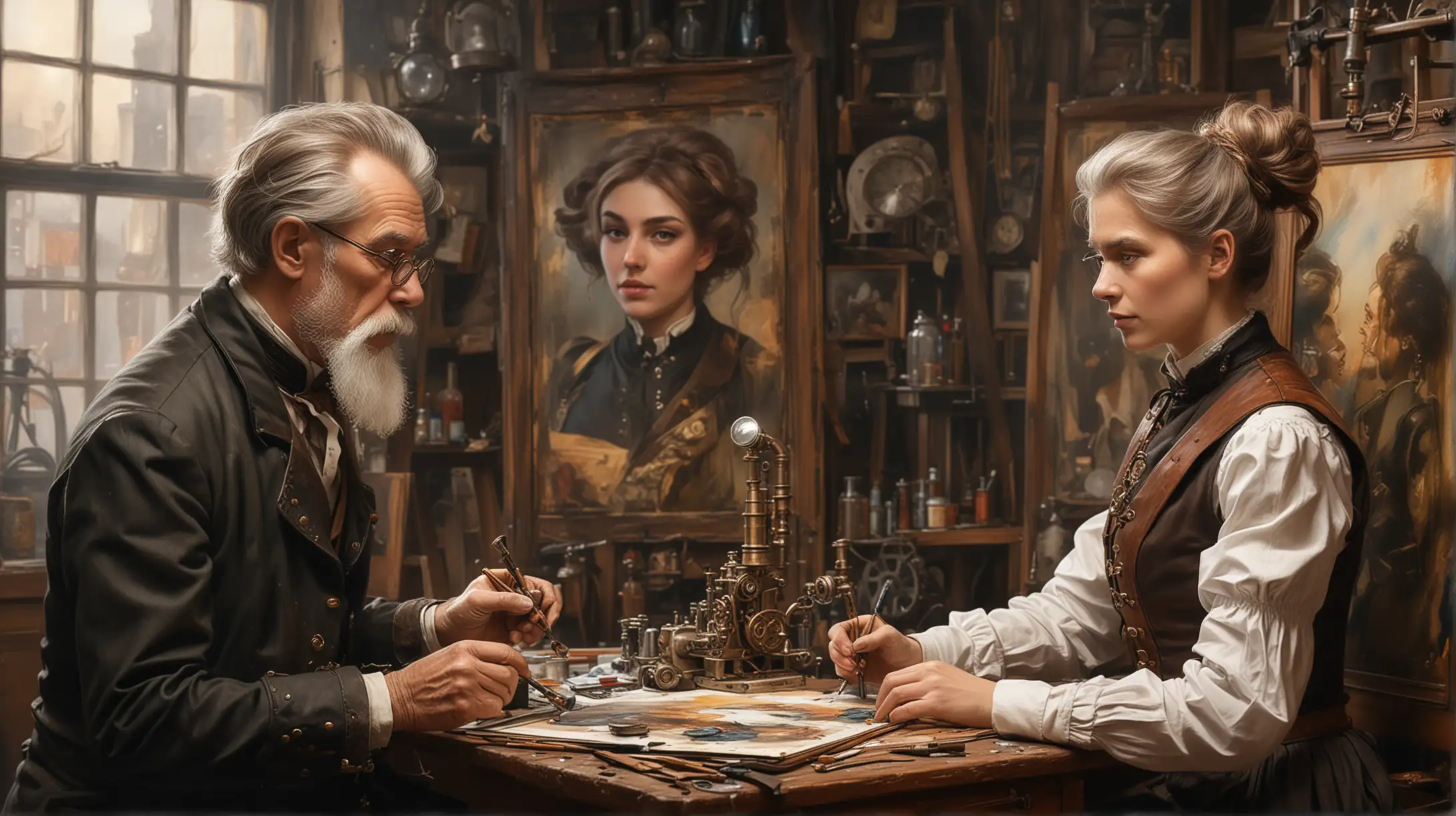 an old steampunk man painter paints a portrait of a  very young steampunk noble woman in his workroom
