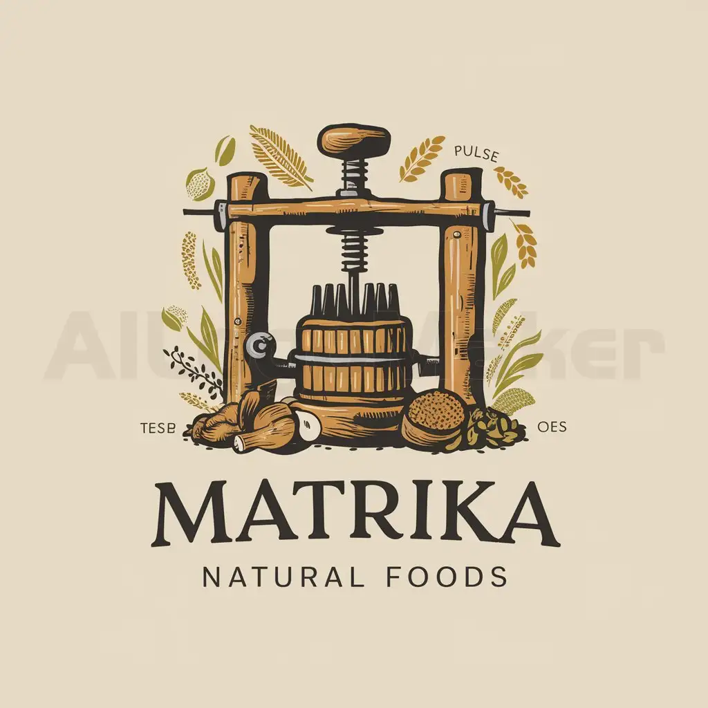 a logo design,with the text "MATRIKA natural foods", main symbol:Need to design LOGO for wood press oil manufacturing company named MATRIKA natural foods. Need logo that represent authentic wood press oil. should be unique in this cluttered market. Logo should not represent only oil bcz in future many products will be added like grains & its flour, pulses etc.,Moderate,be used in Others industry,clear background