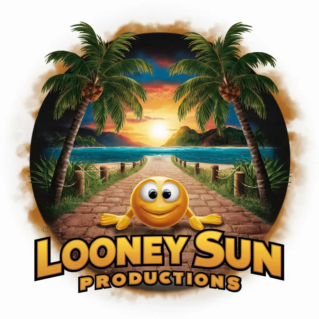 a logo design,with the text "Looney Sun Graphics", main symbol:a logo design,with the text Looney Sun Productions, main symbol:A Looney Sun with big eyes, on a sunset path overlooking the ocean an the beach, with tropical colors, two coconut trees on each side, logo colors: Gold, blue, black,Moderate,be used in Entertainment industry,clear background,Moderate,be used in Entertainment industry,clear background