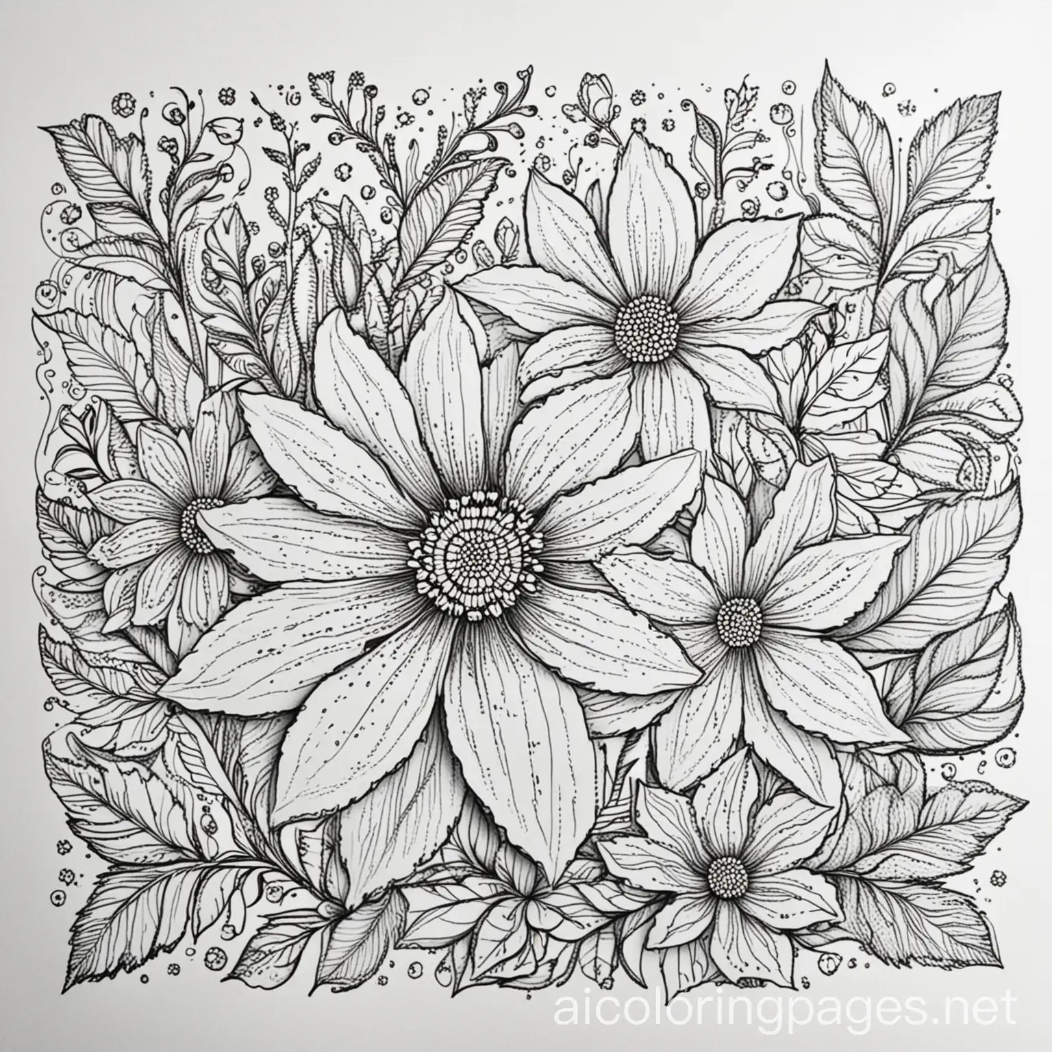 flower coloring pages for adults, Coloring Page, black and white, line art, white background, Simplicity, Ample White Space. The background of the coloring page is plain white to make it easy for young children to color within the lines. The outlines of all the subjects are easy to distinguish, making it simple for kids to color without too much difficulty
