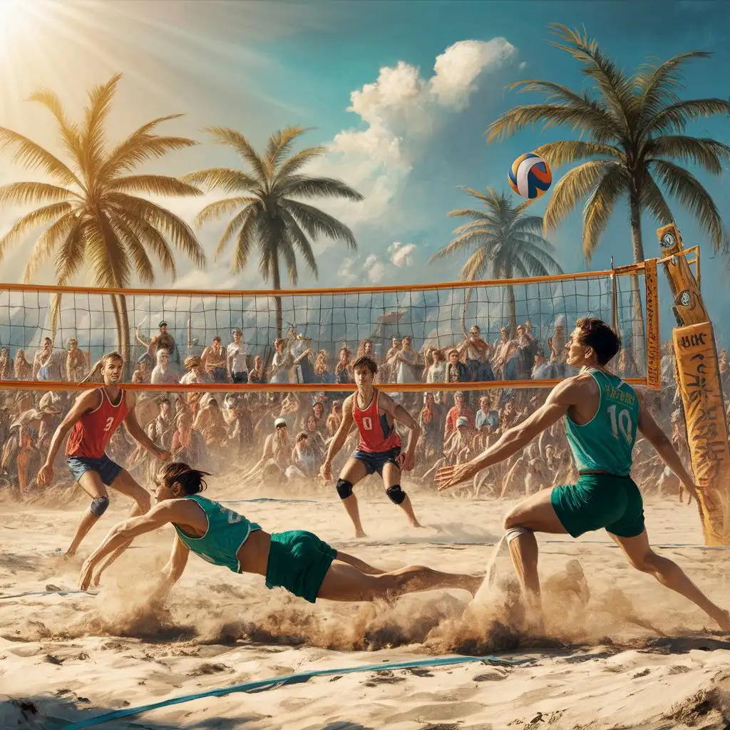 A beach volleyball game with players in action on a sunny beach.