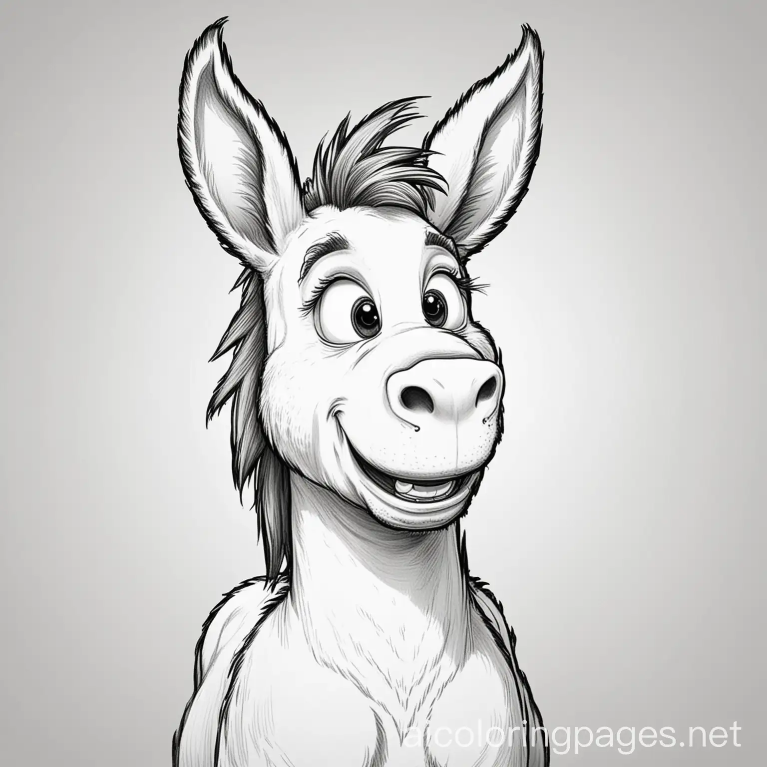 happy white cartoon  donkey, Coloring Page, black and white, line art, white background, Simplicity, Ample White Space. The background of the coloring page is plain white to make it easy for young children to color within the lines. The outlines of all the subjects are easy to distinguish, making it simple for kids to color without too much difficulty