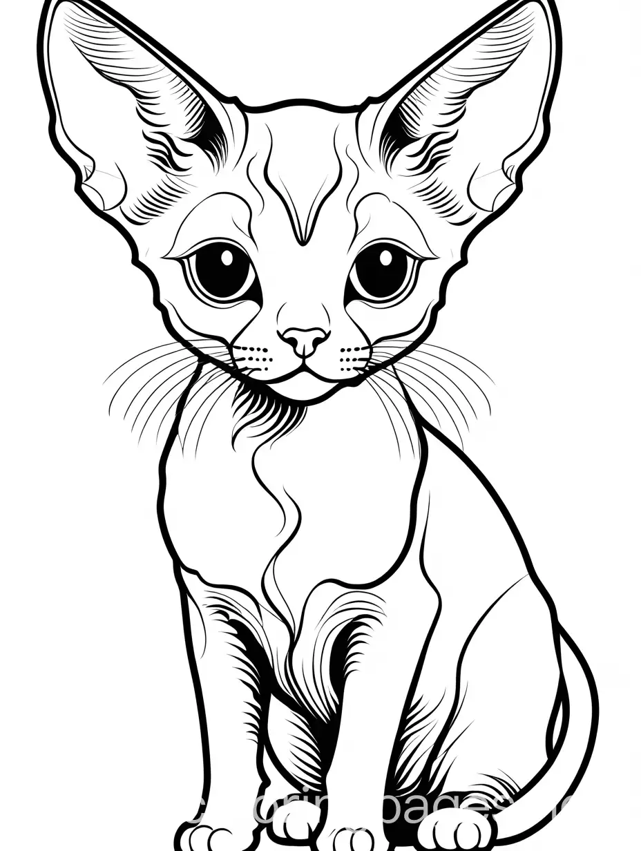 devon rex cat The Devon Rex has a more distinct appearance, with its large, bat-like ears, wide set eyes, and short, curly coat. , Coloring Page, black and white, line art, white background, Simplicity, Ample White Space. The background of the coloring page is plain white to make it easy for young children to color within the lines. The outlines of all the subjects are easy to distinguish, making it simple for kids to color without too much difficulty