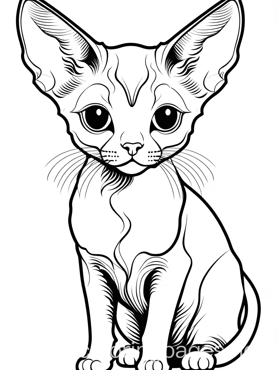 devon rex cat The Devon Rex has a more distinct appearance, with its large, bat-like ears, wide set eyes, and short, curly coat.
, Coloring Page, black and white, line art, white background, Simplicity, Ample White Space. The background of the coloring page is plain white to make it easy for young children to color within the lines. The outlines of all the subjects are easy to distinguish, making it simple for kids to color without too much difficulty