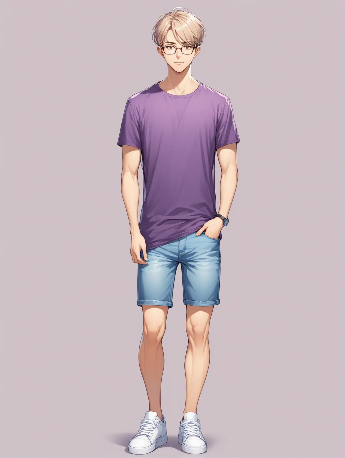 Young-Man-with-Short-Light-Hair-Wearing-Purple-TShirt-and-Denim-Shorts