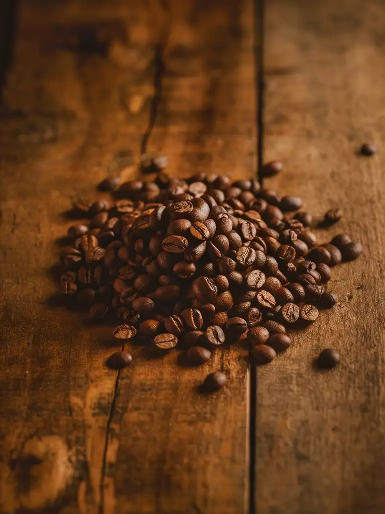 Closeup-Coffee-Beans-on-Rustic-Wooden-Table-with-Soft-Warm-Lighting