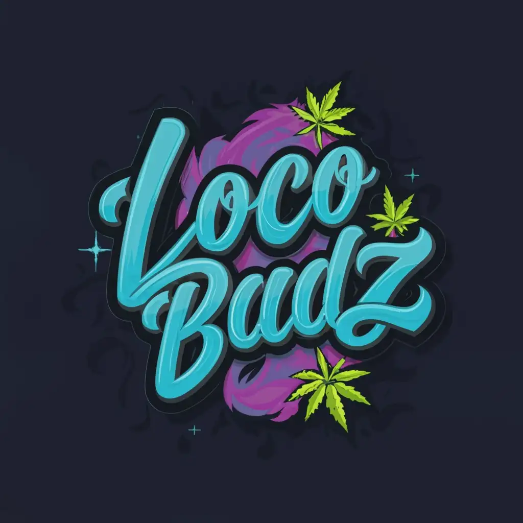 a logo design,with the text "loco budz", main symbol:marijuana theme, cursive lettering, smoke around letter,complex,be used in Others industry,clear background