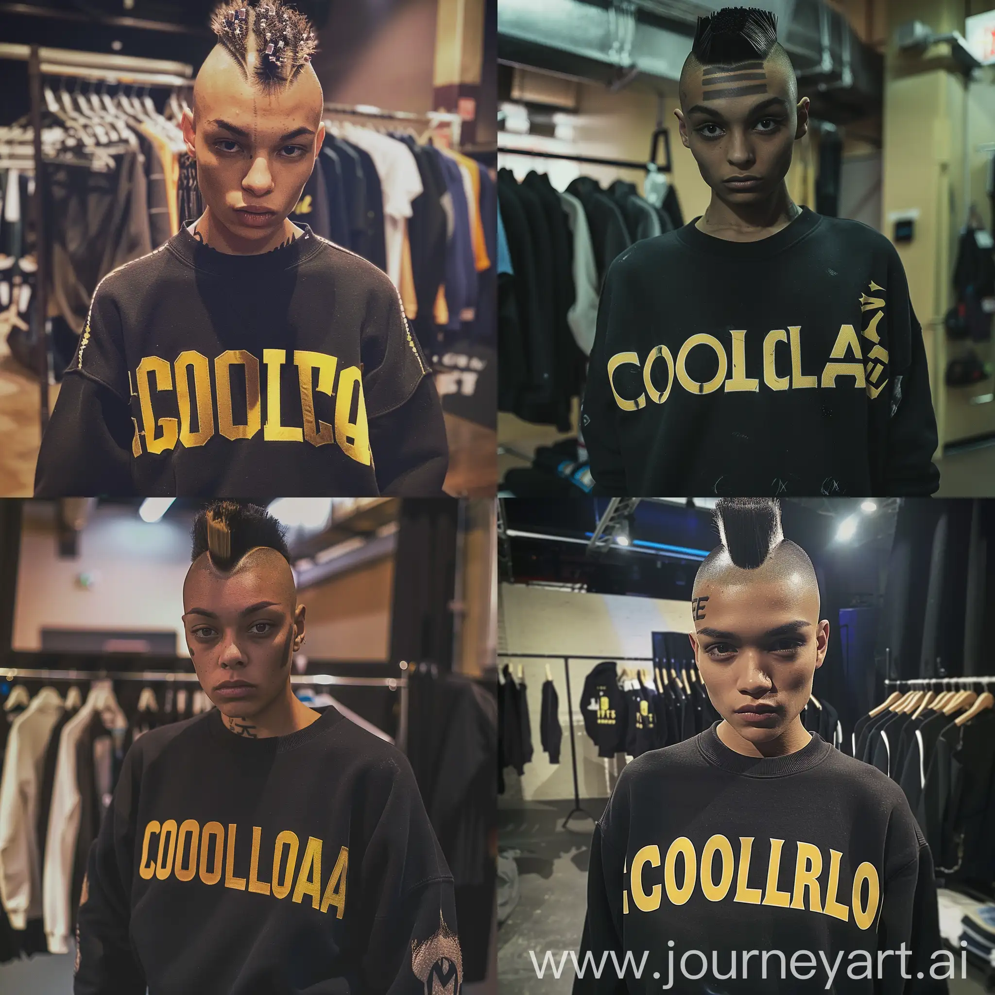 a young mab wearing a black sweatshirt with the word "COLORADO" in large, yellow and white block letters across the front. The individual has a unique hairstyle, with a shaved head and three darker stripes on top. In the background, there is a clothes rack with hangers and some items of clothing. The setting appears to be indoors, possibly backstage at an event or in a fitting room. The person in the image has a serious expression on their face.