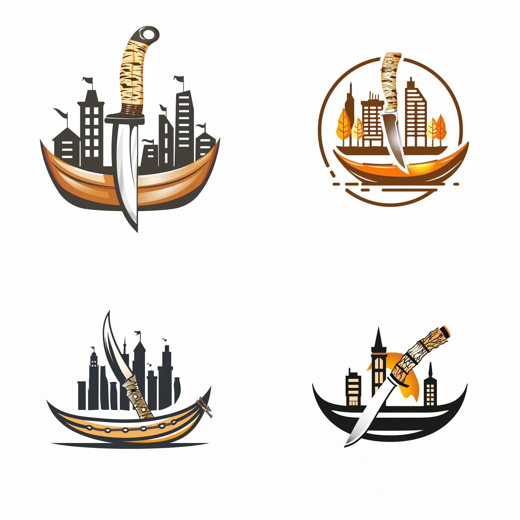 Логотип города с использованием ножа с рукояткой из бересты и ладья на белом фоне