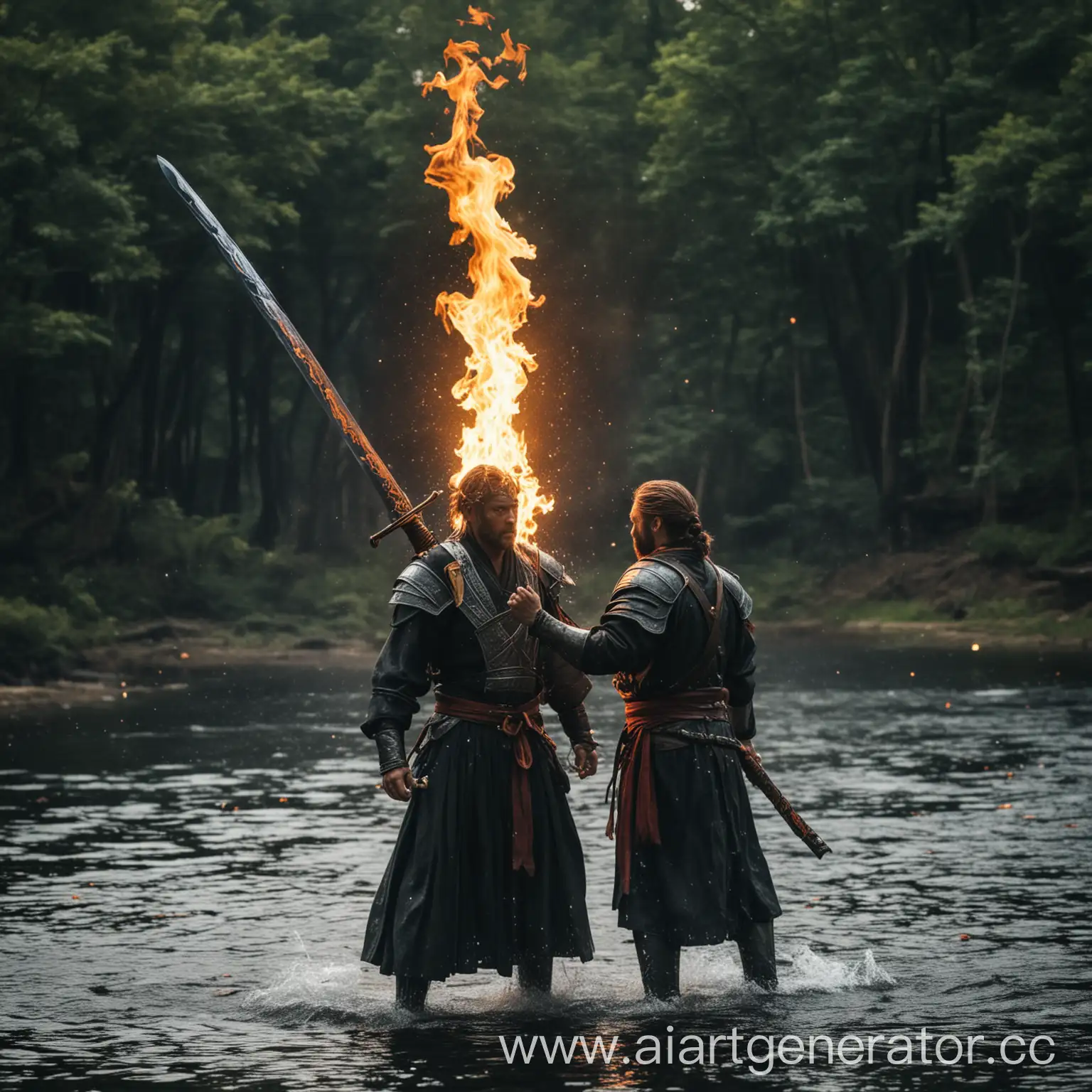 Dynamic-Sword-Fight-Amidst-Elements-of-Water-and-Fire