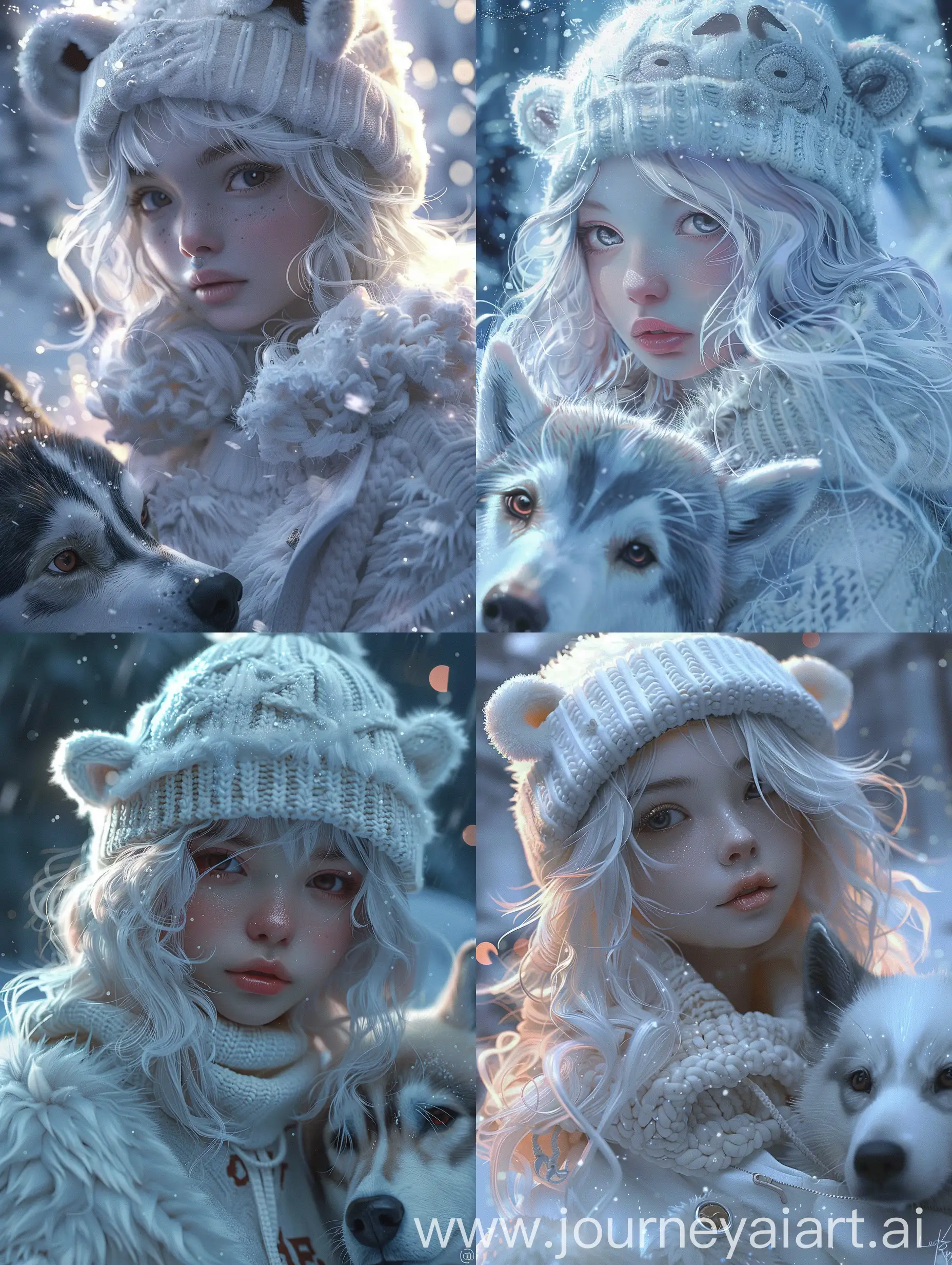 close up, a polar girl, white middle length thick wavy hair , porcelain skin, white beanie with animal ears, white fluffy sweater,  white jacket, with a husky,
winter night scene
Louis Royo's watercolor fantasy influenced by Konstantin Razumov's flair,
style by Tim Burton ,very detailed beautiful art, digital painting, very realistic
softly backlit, digital art 
filigree accents, boasting an extremely magical aesthetic, digital painting employing wlop, artgerm, and James Jean's techniques, 