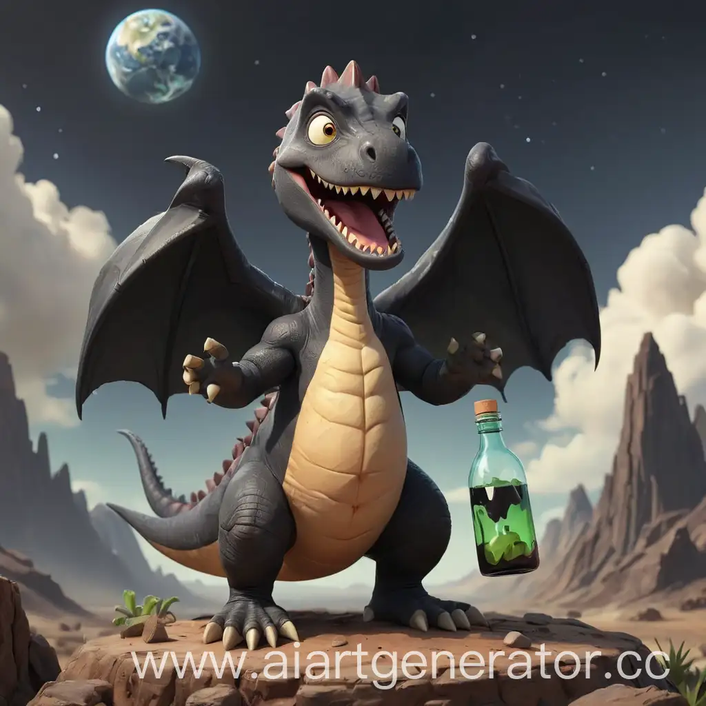 мультяшный динозавр в черной мантии на круглой планете земля с бутылкой в руках