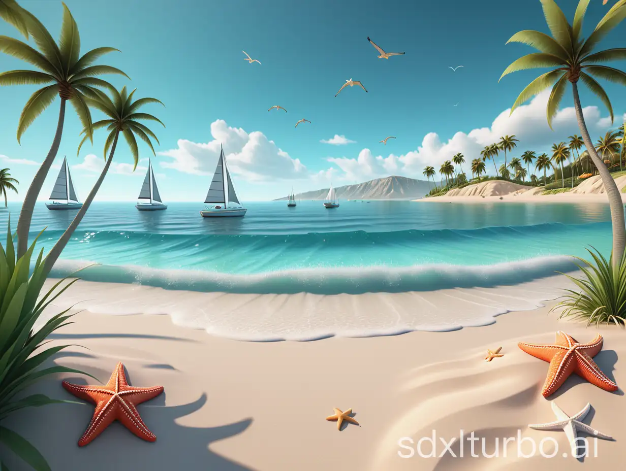 Create a game art style image of ocean, front angle, Features include soft sand, palm trees on either side, a calm turquoise ocean with small waves, a starfish near the water's edge, sailboats on the horizon, seagulls in the sky, and distant green hills. The style should be vibrant, detailed, and evoke a peaceful, tropical paradise, 3D render, Bright, highly saturated colors
