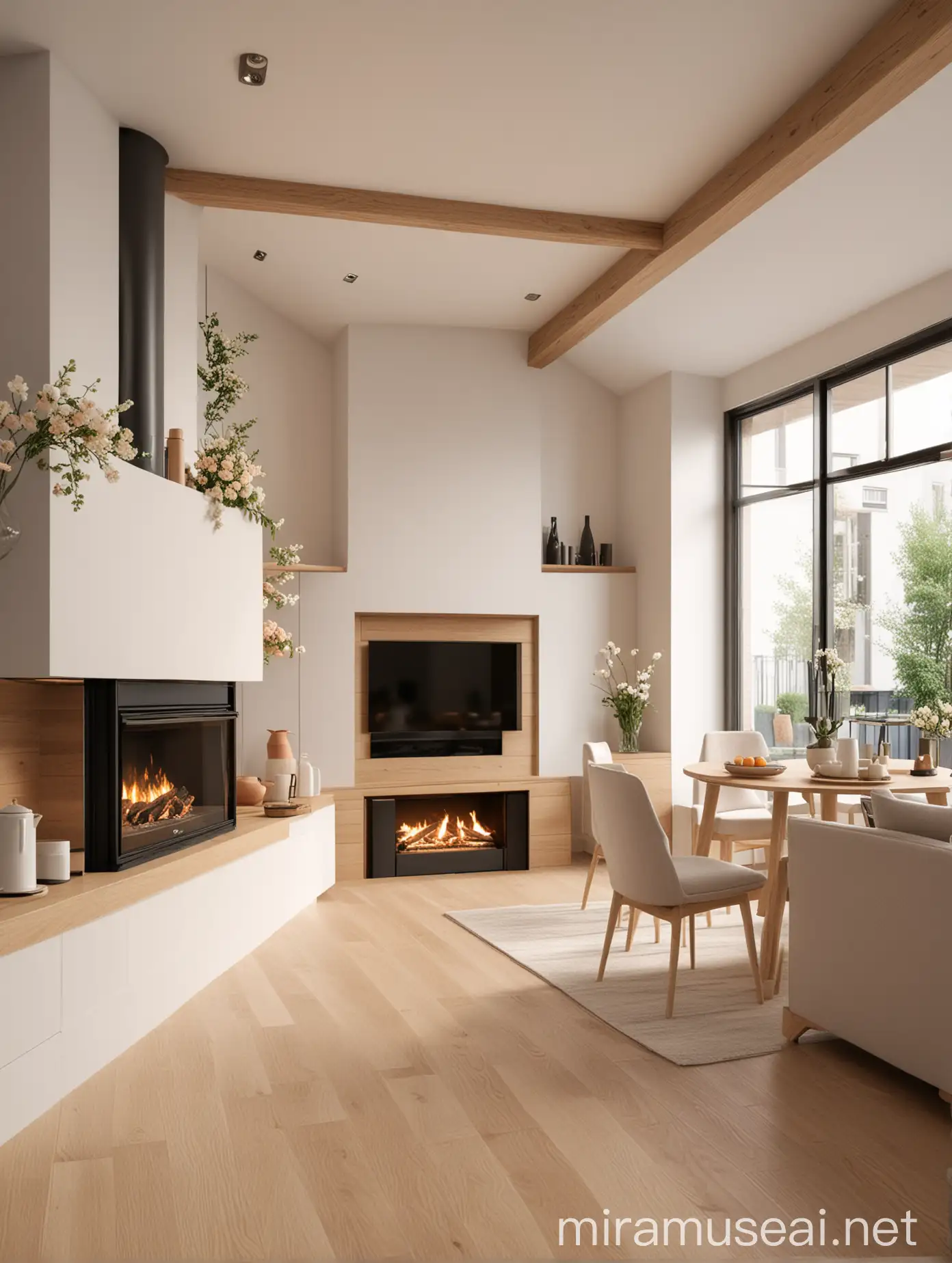 Modern, elegant, soft, cozy, loft style kitchen, oak wood, white , peach flowers, fire place living room, 8K