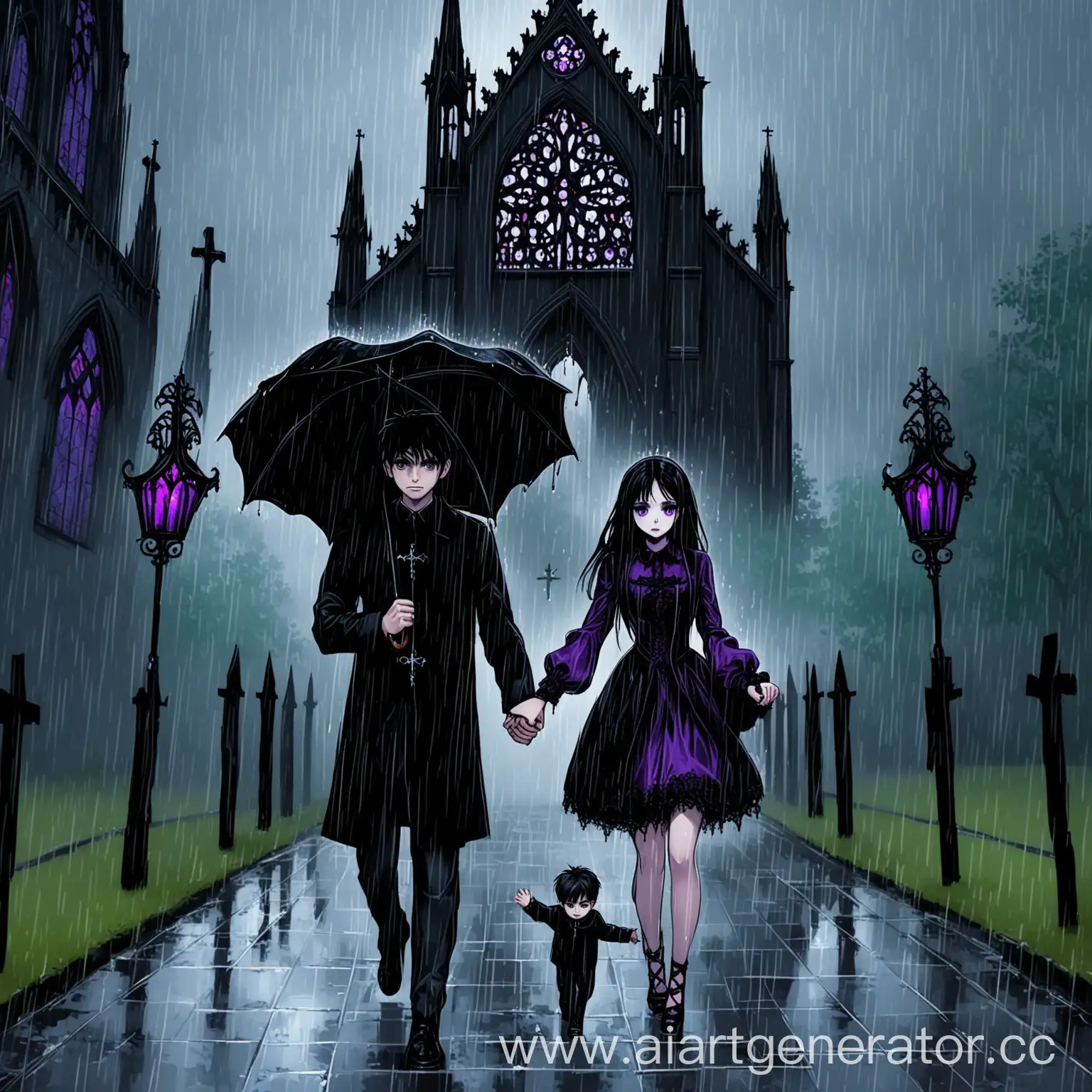 Темноволосая девушка с фиолетовыми глазами и парень идут к готической часовне в дождь