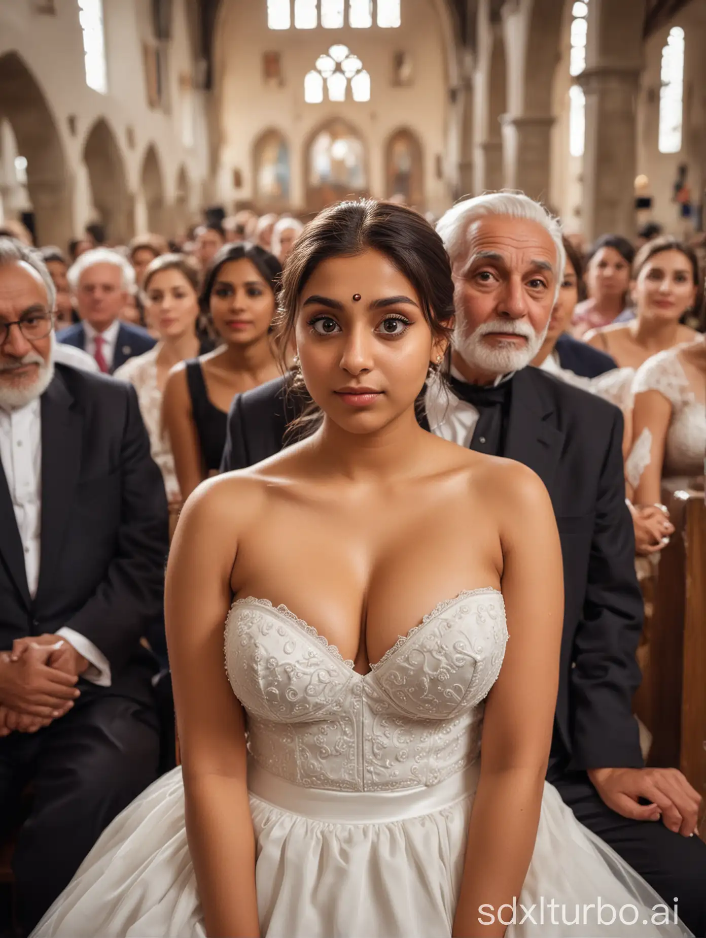CURVY Indian church bride with large breasts and flat belly, with Plump female body and hair bun, with white strapless bra with deep v neckline and low-waisted bridal skirt, she has a busty body, is sitting and hugging an old man who is wearing a black blazer. They are in a well-lit crowded church hall. Crowd is watching them. Big eyes, blurred background, ultra focus, face illuminated, face detailed, 16k resolution, full body view