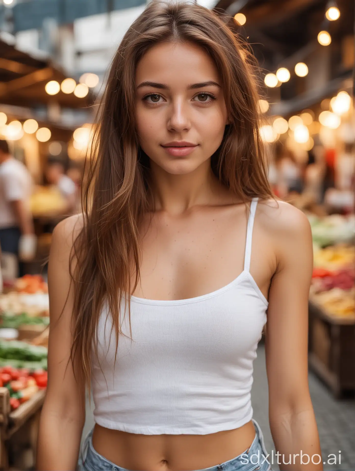 young woman, long brown hair, slim body, small breasts, wearing white tank top, close up, bokeh background, background of a market