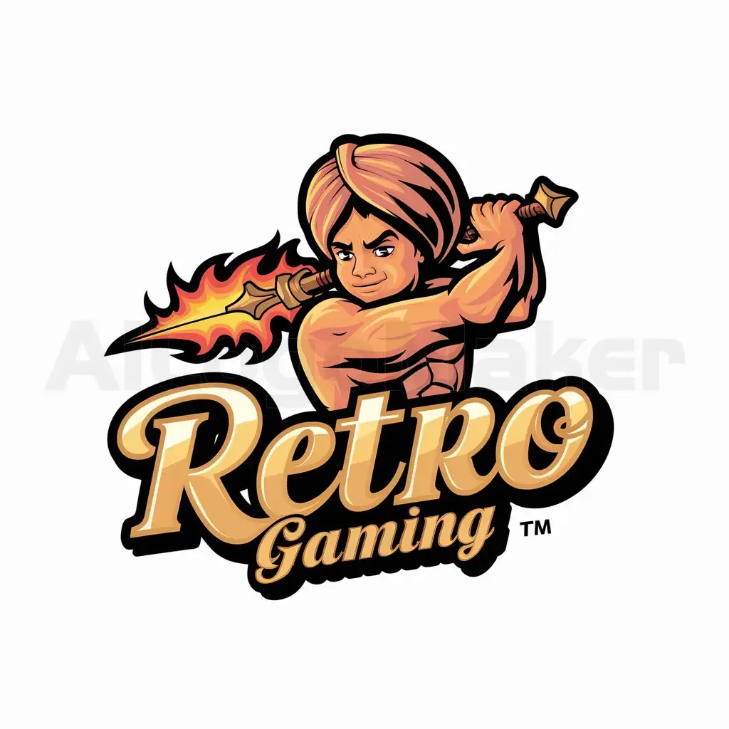 a logo design,with the text "Retro gaming", main symbol:mascular sikh young boy with weapon,Moderate,be used in gaming industry,clear background