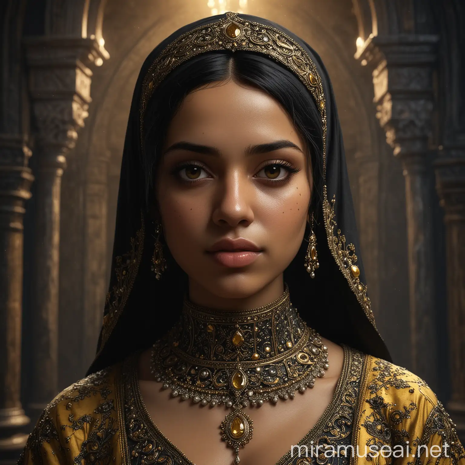 create a hyper-realistic, 8K image textured High-resolution portrait of  of a young woman, with thick black hair with hijab and  tan skin, dark eyes and full lips, a straight nose and arched eyebrows, wearing a black and yellow renaissance fully covered gown, decorated with gems and jewels, in a dark stone chamber background, medieval setting, , full body shot, atmospheric lighting, conceptual art style