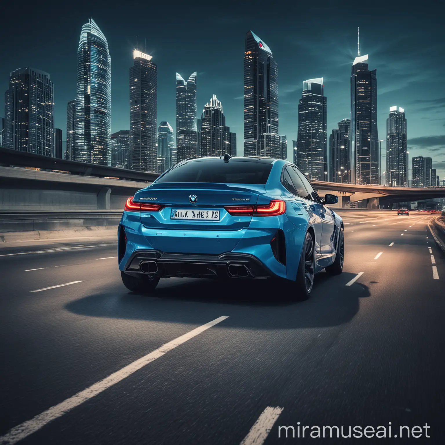 Futuristic photo of BMW car on the highway go to downtown, high rise building in the background, BLUE color and light
