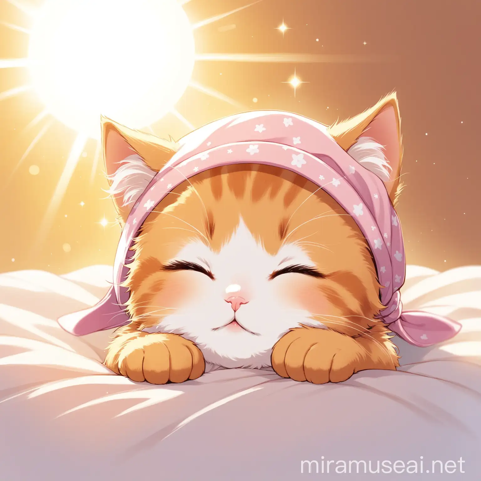 Morning Bliss Kitten Stretching in Sunlight with Sleep Cap