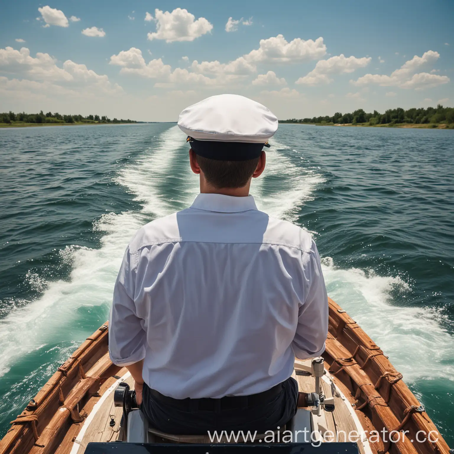 men drive the modern boat in captains hat on the wide river with blue water back view 
