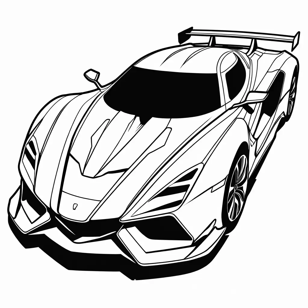 a futuristic look on  ULTIMA EVOLUTION,  looks from 2050, highly detailed, the body of the car tuned up and modified, robotic looking , ready to race no background  , coloring page , Coloring Page, black and white, line art, white background, Simplicity, Ample White Space. The background of the coloring page is plain white to make it easy for young children to color within the lines. The outlines of all the subjects are easy to distinguish, making it simple for kids to color without too much difficulty