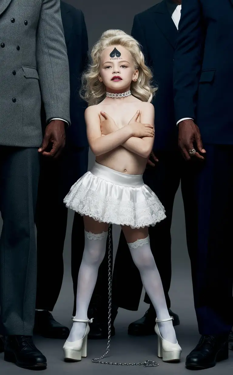 Bright and bold image of an 10 year old white girl with a bold "Queen of Spades" tattoo on her forehead, radiating self-confidence. White girl stands surrounded by black guys, she is wearing a white wedding mini skirt white stockings white shoes on high heels platforms. on the neck choker with a chain leash.