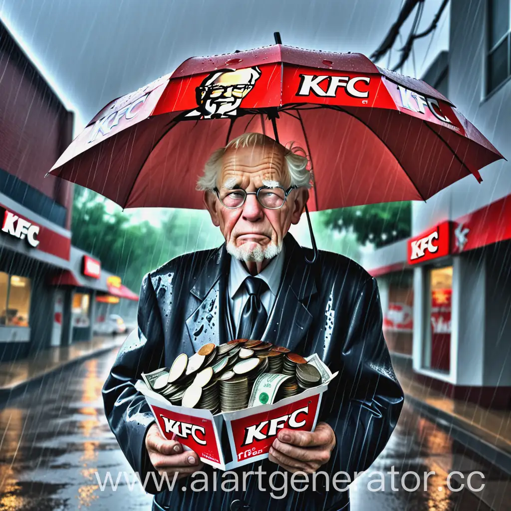 старик из KFC под дождем из доллоров и манет
