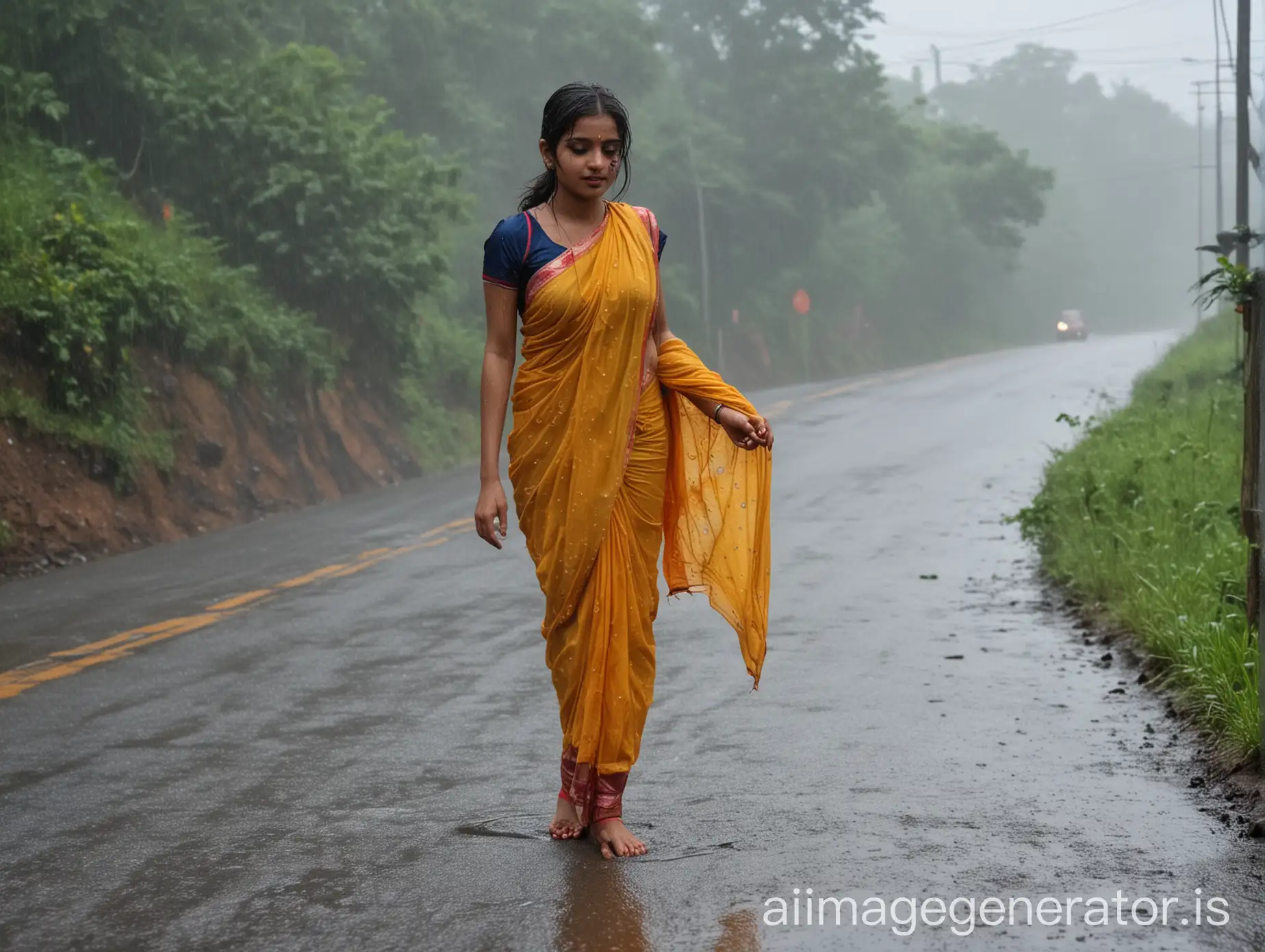 rainy hill station road and one girl is wet saree