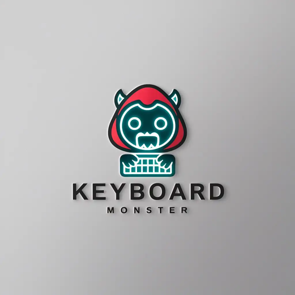 a logo design,with the text "keyboard monster", main symbol:A logo design with the words 'keyboard monster', main logo: a logo design with the words 'keyboard monster', main logo: cute monster mask wearing light, red hood on head, hacker holding keyboard, gentle, used in Internet industry, clear background, minimalism, used in Internet industry, clear background,Moderate,be used in Internet industry,clear background