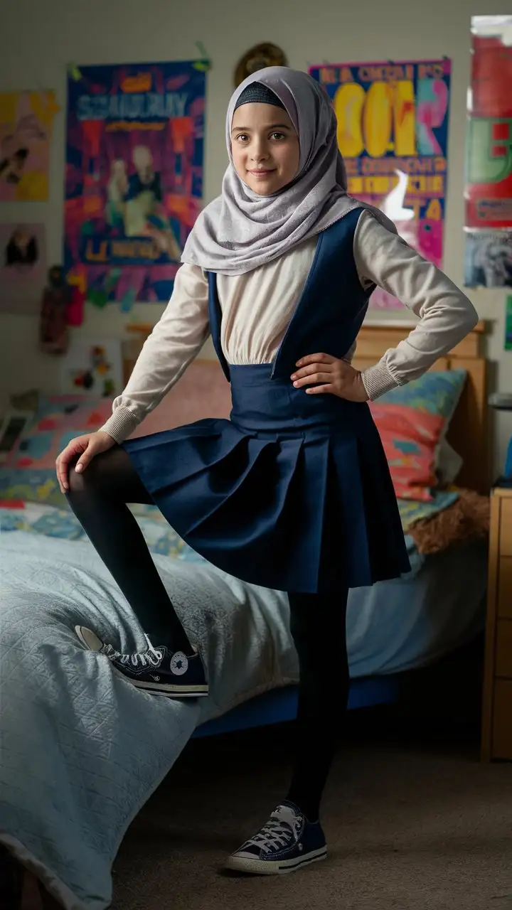 Teenage Girl in Hijab Standing in Bedroom with One Foot on Bed