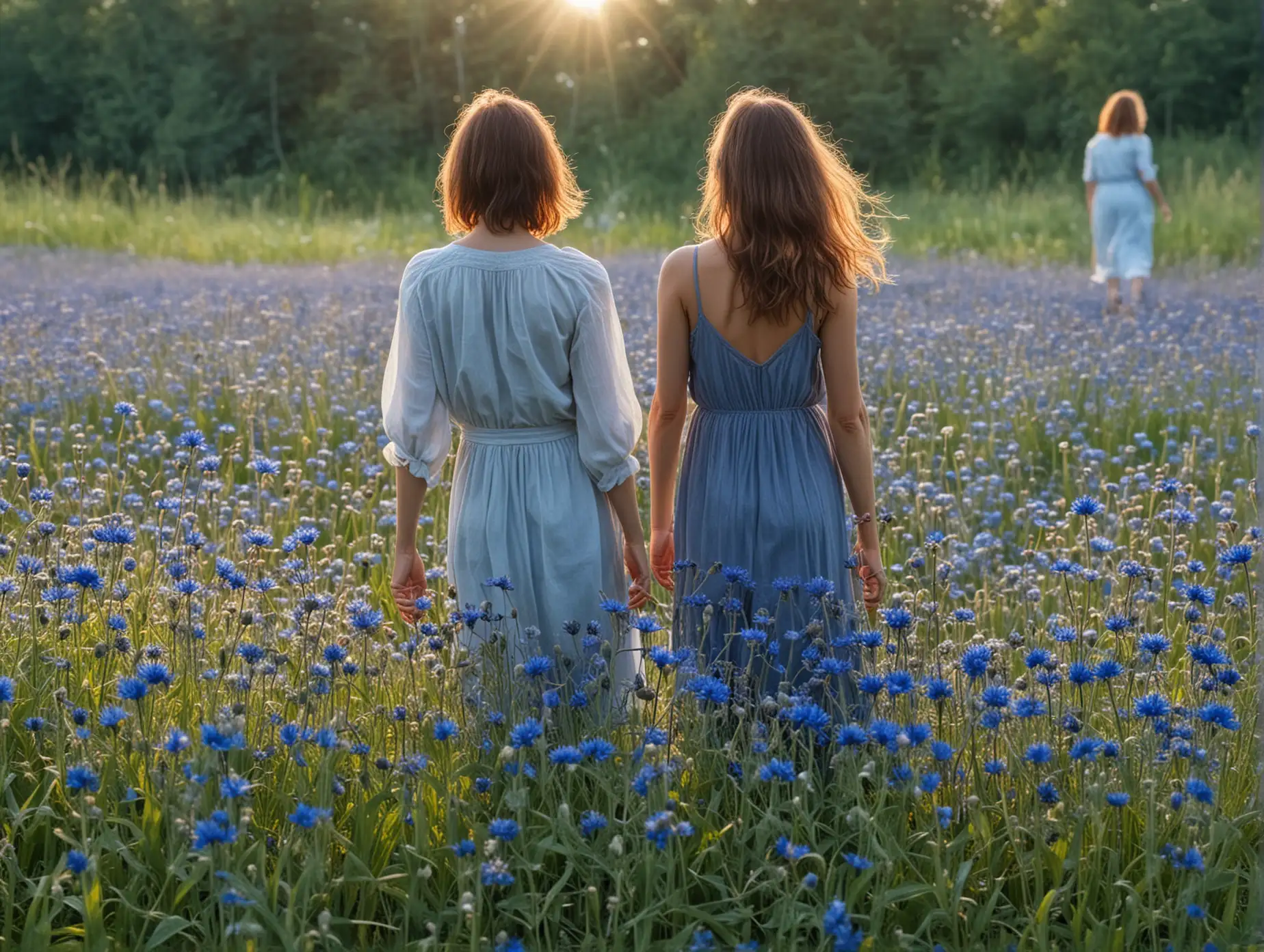 Mature-Girls-Standing-by-Cornfield-of-Cornflowers-in-Early-Summer-Morning