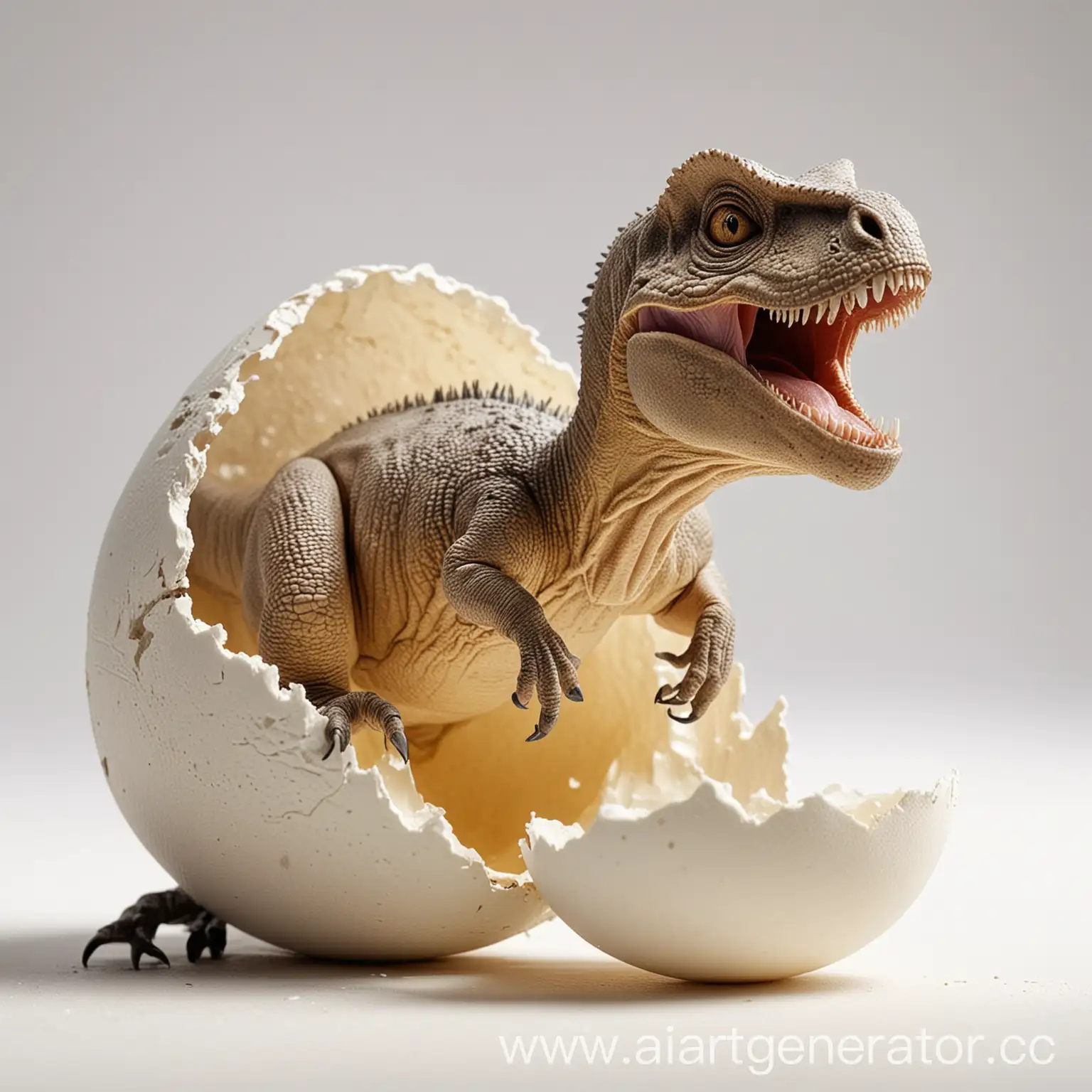 small rex dinosaur crawls out of an egg, white background