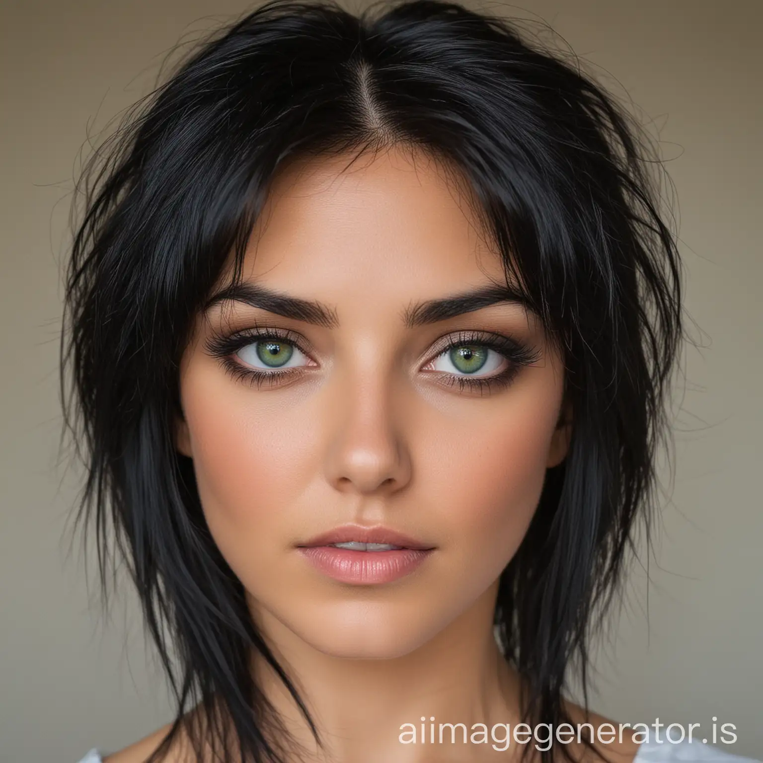 woman, black hair, green eyes
