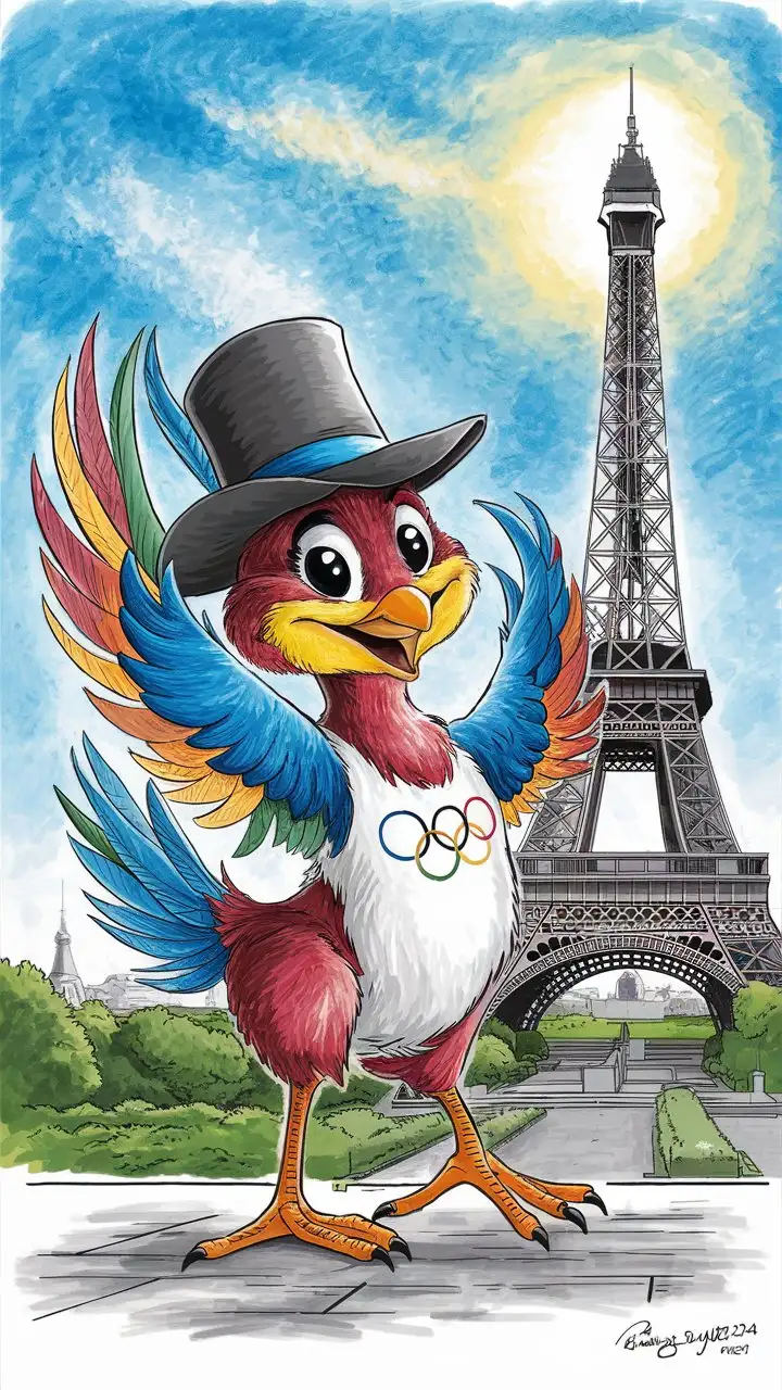 Paris 2024 Olympics Mascot Cheerful Bird with Eiffel Tower Backdrop