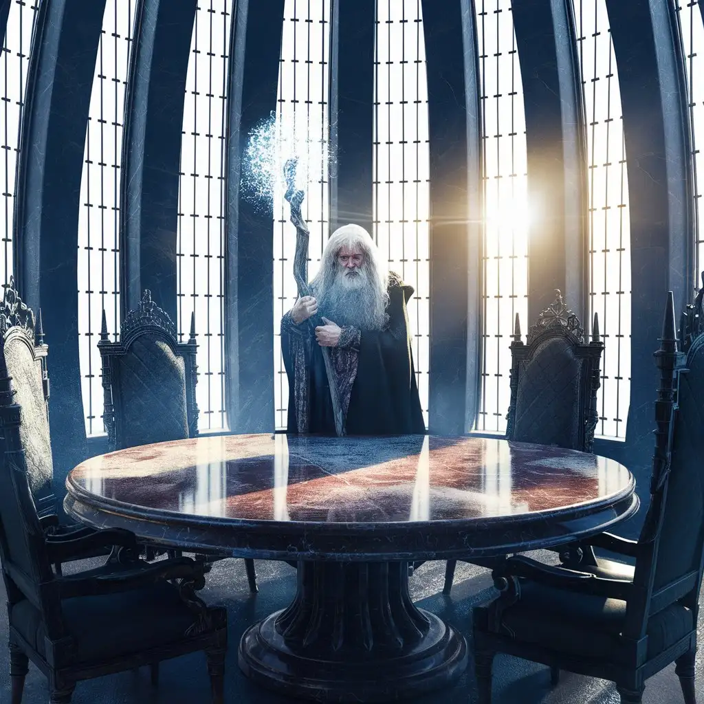 This chamber contains a round, marble-topped table ringed by high-backed chairs. Between the table and a curved wall of tall, slender windows stands a motionless, white-haired wizard wielding a staff that has glittering frost erupting from its tip.