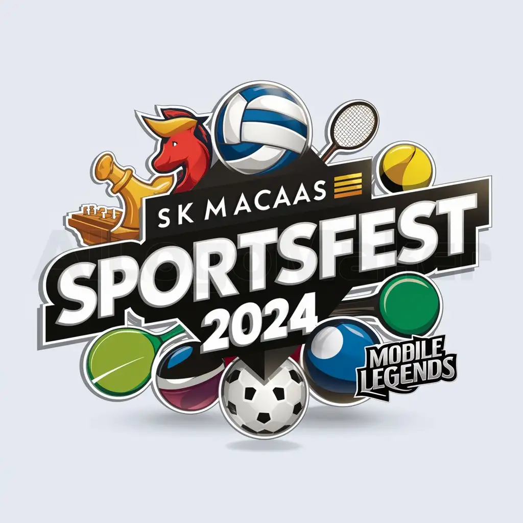 a logo design,with the text "SK MACAAS SPORTSFEST 2024", main symbol:sports like volleyball, chess, badminton, tennis, table tennis, billiard, mobile legends game etc.,complex,be used in Entertainment industry,clear background