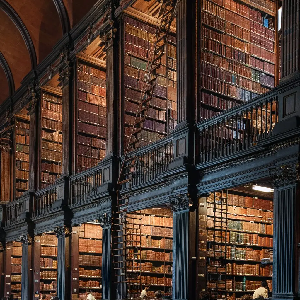 Leather-bound tomes fill the tall shelves of this grand library. Rolling ladders anchored to rails above the topmost shelves allow easy access to the higher books.