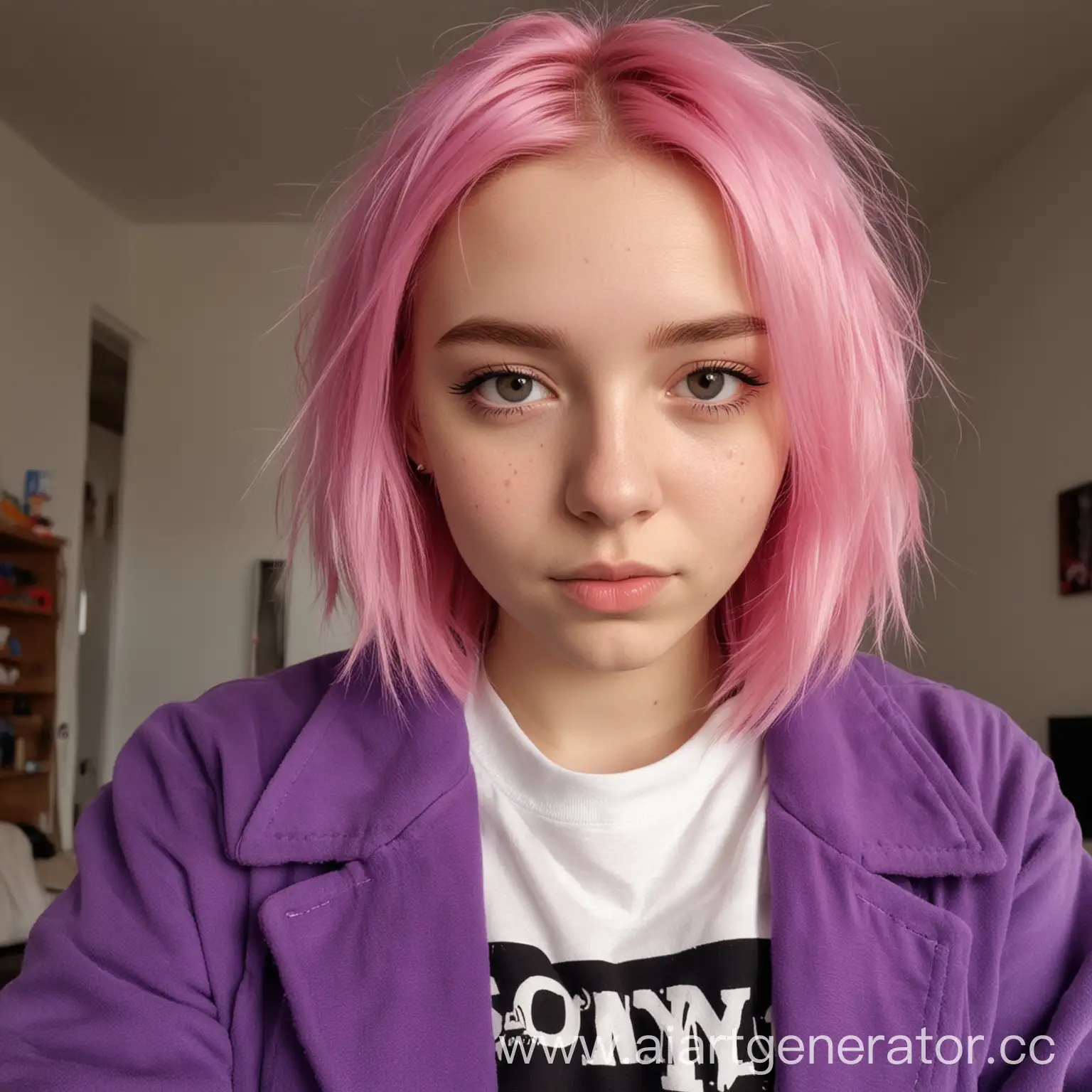 18-летняя девочка с розовыми волосами, одетая в футболку я 💜Sony и фиолетовый плащ