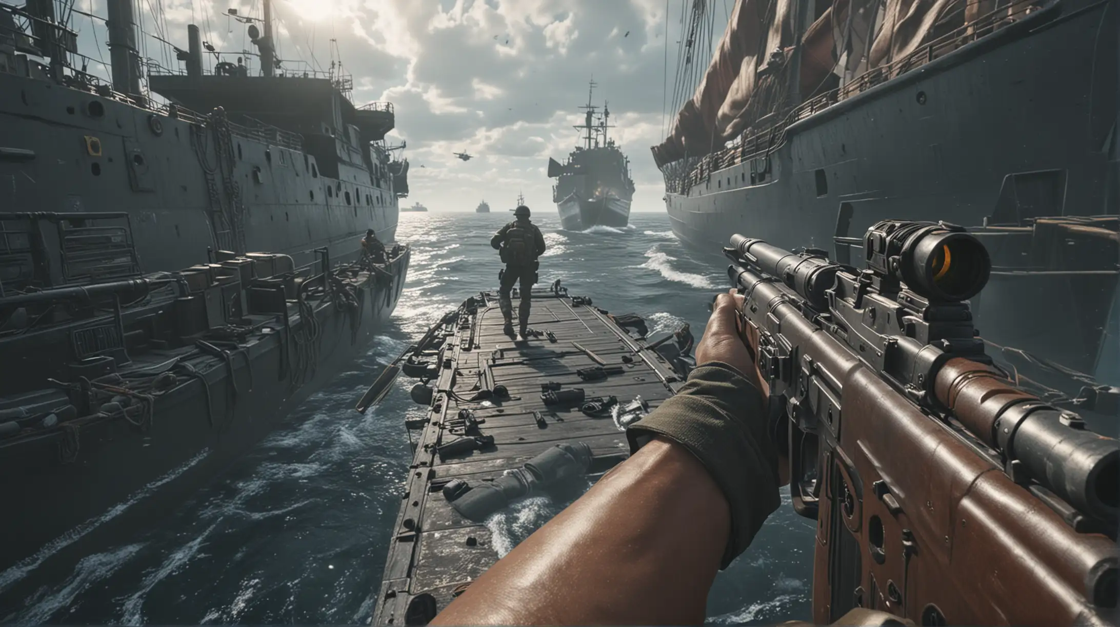 Generate a 4K hyperrealistic image of a soldier on a ship in a first person pov, with his gun in his hand shooting at enemies.