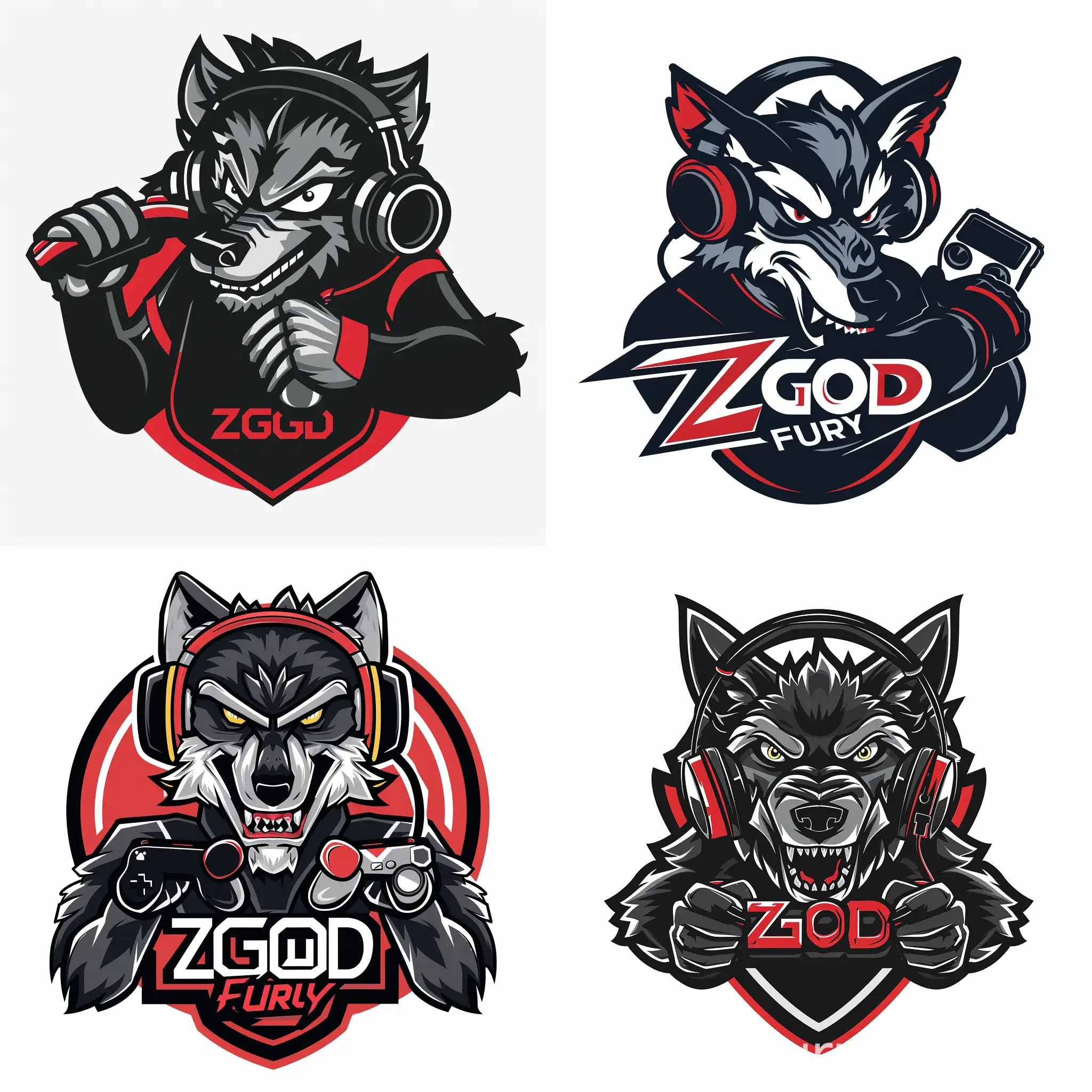 Create a flat vector, illustrative-style mascot logo design for 'ZGOD fury', where a fierce-looking wolf wearing gaming headphones and holding a gaming controller is depicted. Use bold and intense colors such as black, red, and silver to represent the event's competitive spirit against a white background. The logo should capture the tenacity and determination of the participants.