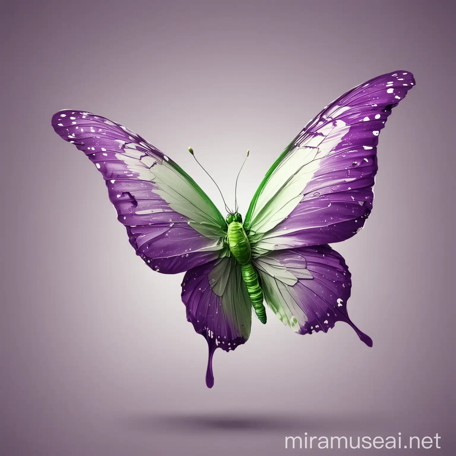 create a butterfly avatar flapping its wings, no background, using purple #956FA8, green #7FA97F and white