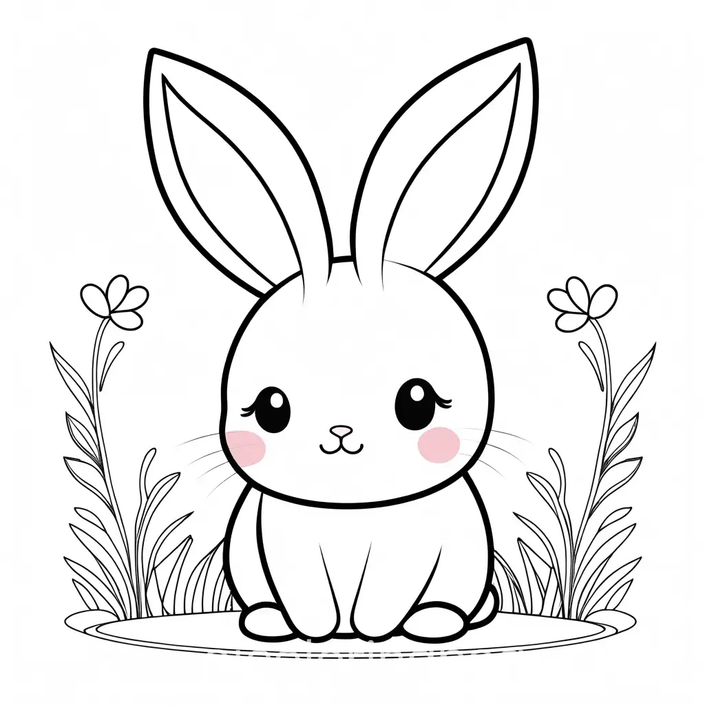 The "Kawaii Bunny" is a round bunny with an adorable and endearing appearance. Its body is a simple, rounded shape, giving it a soft and cuddly look. The bunny's eyes are large and round, taking up a significant portion of its face, and they are filled with a sparkling innocence. Below the eyes, there's a small triangular nose, adding a touch of charm to its face. The bunny's ears are long and floppy, drooping down on either side of its head, adding to its cute and lovable appearance black and white with no back or shading
, Coloring Page, black and white, line art, white background, Simplicity, Ample White Space. The background of the coloring page is plain white to make it easy for young children to color within the lines. The outlines of all the subjects are easy to distinguish, making it simple for kids to color without too much difficulty