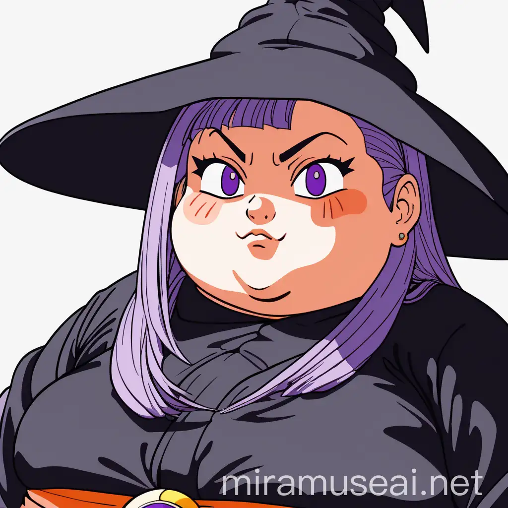 A young small round fat witch with purple hair in the dragon ball art style. She is dressed in black robes